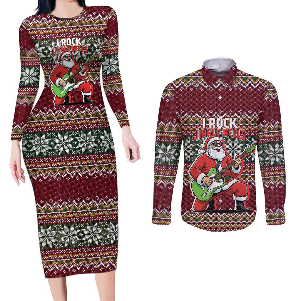 I Rock Jingle Bells Christmas Design Couples Matching Long Sleeve Bodycon Dress and Long Sleeve Button Shirt Funny Xmas Holiday Patterns - Wonder Print Shop