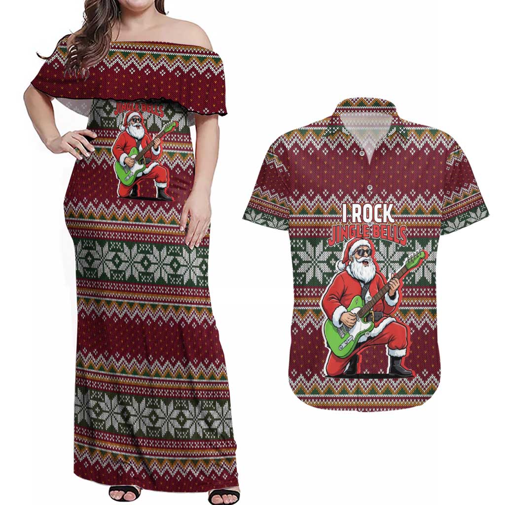 I Rock Jingle Bells Christmas Design Couples Matching Off Shoulder Maxi Dress and Hawaiian Shirt Funny Xmas Holiday Patterns - Wonder Print Shop