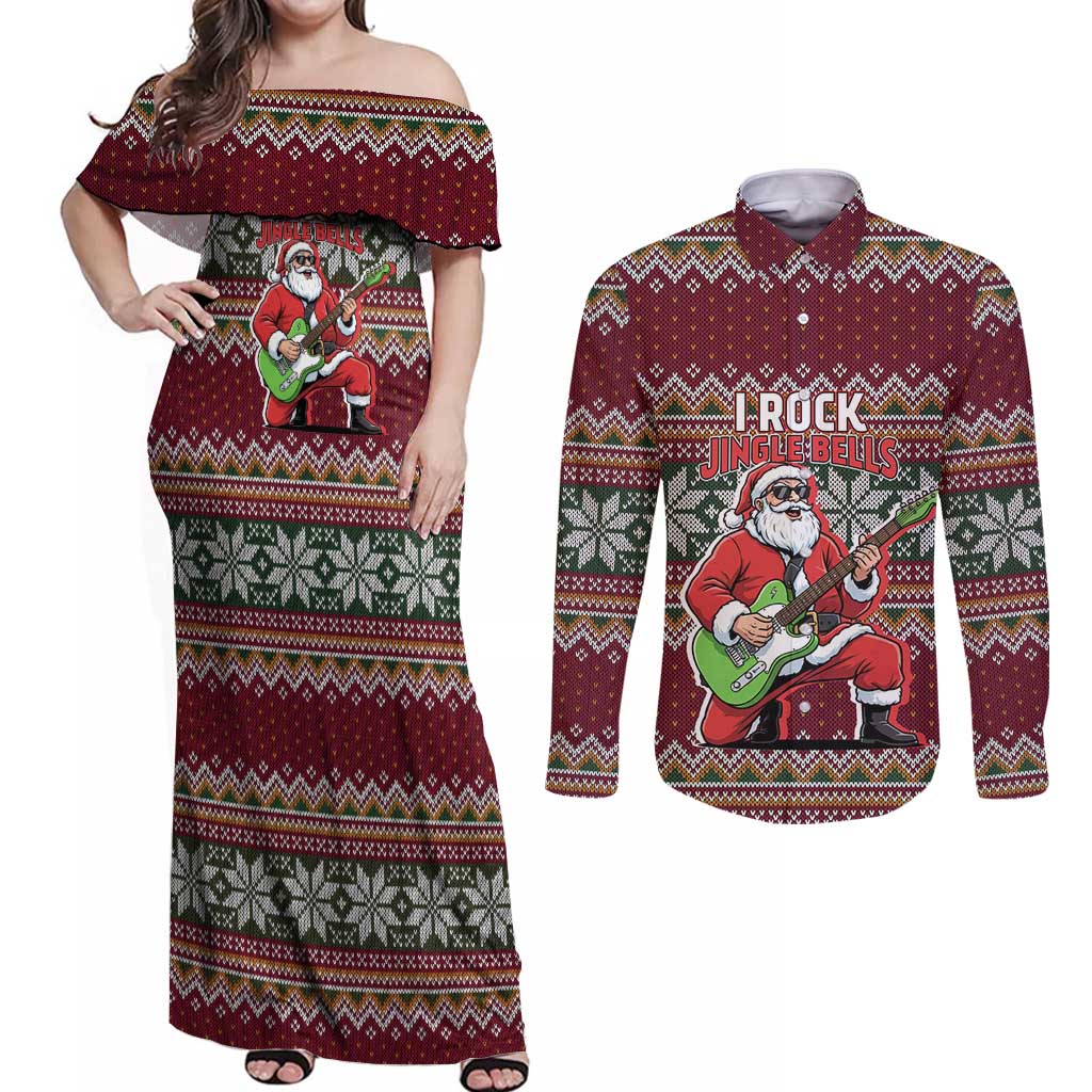 I Rock Jingle Bells Christmas Design Couples Matching Off Shoulder Maxi Dress and Long Sleeve Button Shirt Funny Xmas Holiday Patterns - Wonder Print Shop