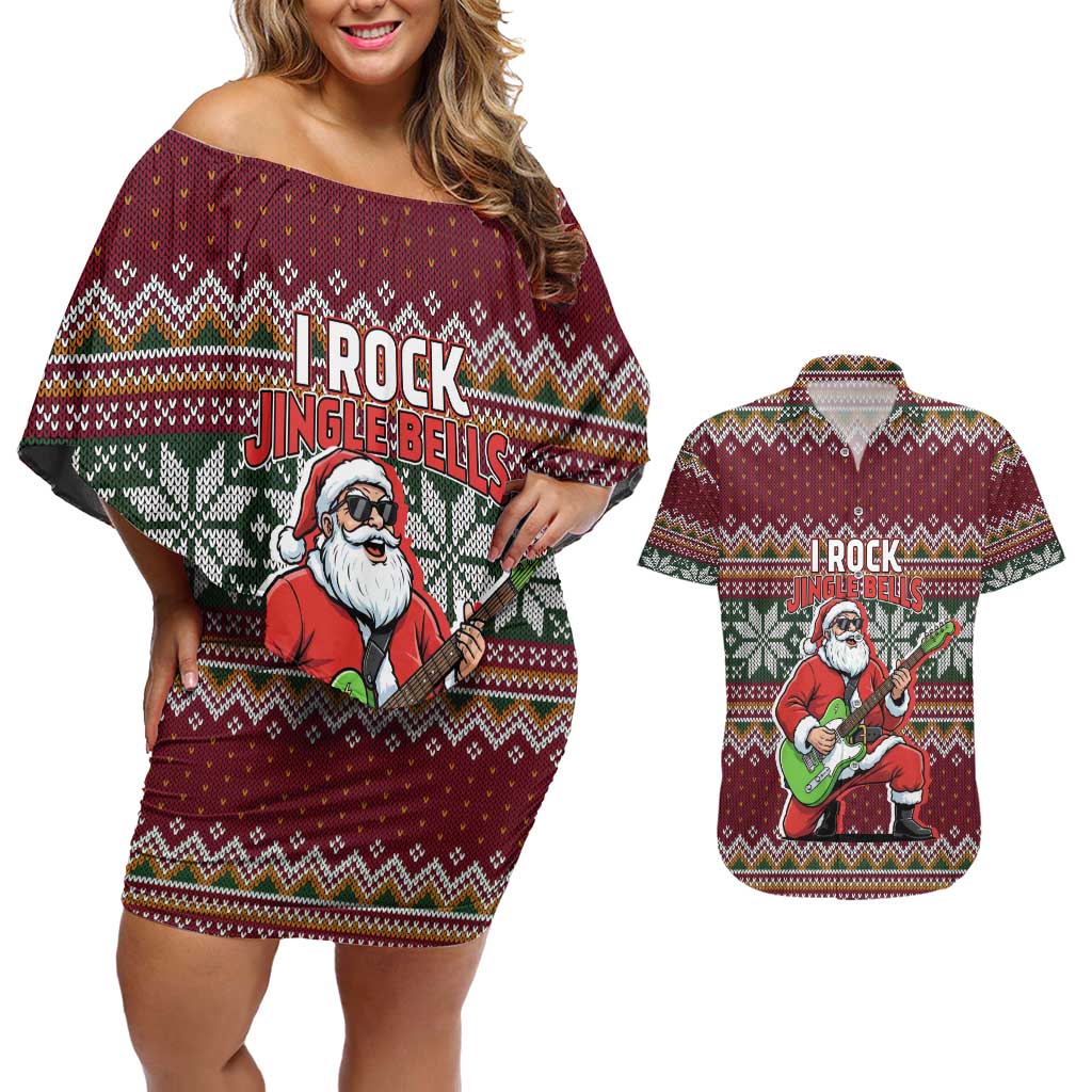 I Rock Jingle Bells Christmas Design Couples Matching Off Shoulder Short Dress and Hawaiian Shirt Funny Xmas Holiday Patterns - Wonder Print Shop