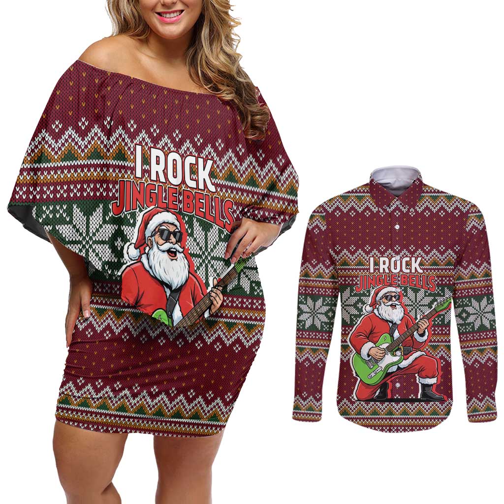 I Rock Jingle Bells Christmas Design Couples Matching Off Shoulder Short Dress and Long Sleeve Button Shirt Funny Xmas Holiday Patterns - Wonder Print Shop