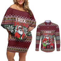 I Rock Jingle Bells Christmas Design Couples Matching Off Shoulder Short Dress and Long Sleeve Button Shirt Funny Xmas Holiday Patterns - Wonder Print Shop