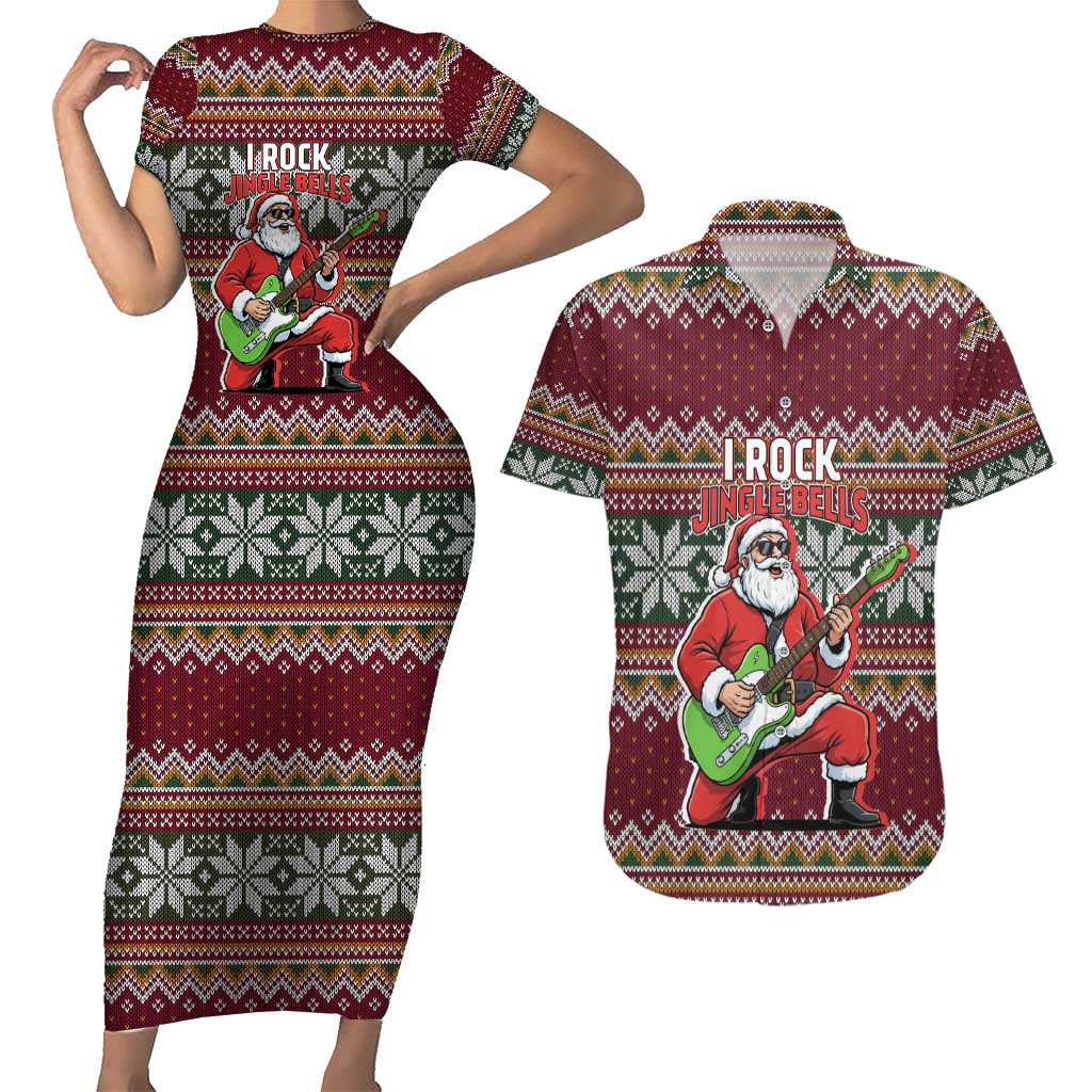 I Rock Jingle Bells Christmas Design Couples Matching Short Sleeve Bodycon Dress and Hawaiian Shirt Funny Xmas Holiday Patterns - Wonder Print Shop