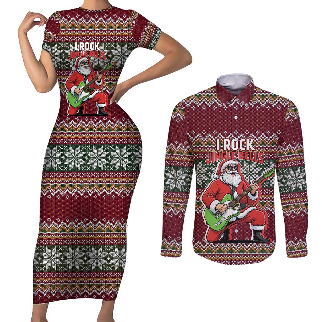 I Rock Jingle Bells Christmas Design Couples Matching Short Sleeve Bodycon Dress and Long Sleeve Button Shirt Funny Xmas Holiday Patterns - Wonder Print Shop