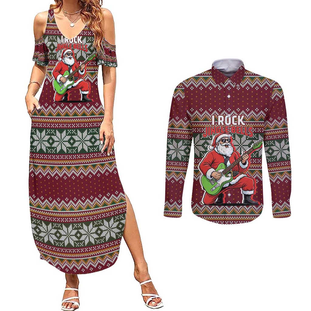 I Rock Jingle Bells Christmas Design Couples Matching Summer Maxi Dress and Long Sleeve Button Shirt Funny Xmas Holiday Patterns - Wonder Print Shop