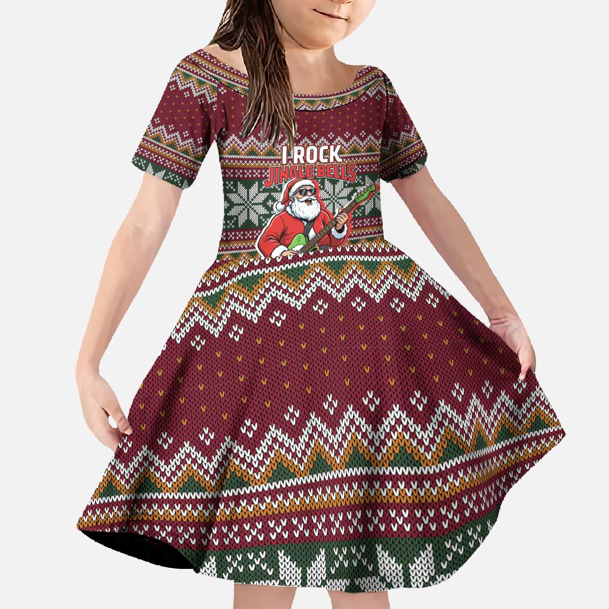 I Rock Jingle Bells Christmas Design Family Matching Off The Shoulder Long Sleeve Dress and Hawaiian Shirt Funny Xmas Holiday Patterns - Wonder Print Shop