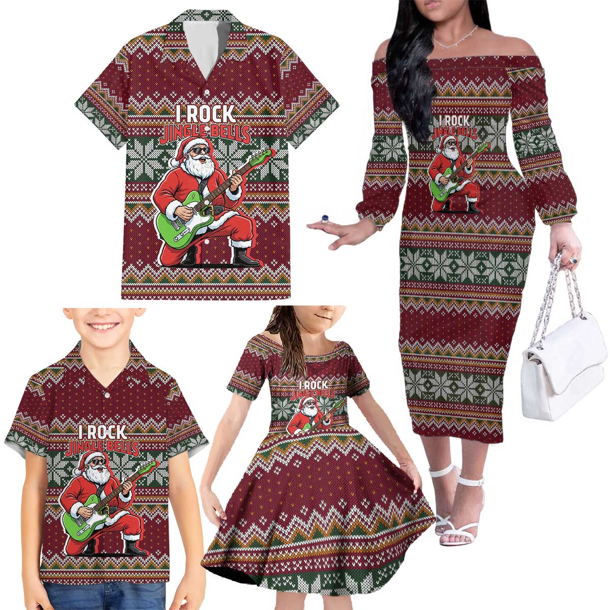 I Rock Jingle Bells Christmas Design Family Matching Off The Shoulder Long Sleeve Dress and Hawaiian Shirt Funny Xmas Holiday Patterns - Wonder Print Shop