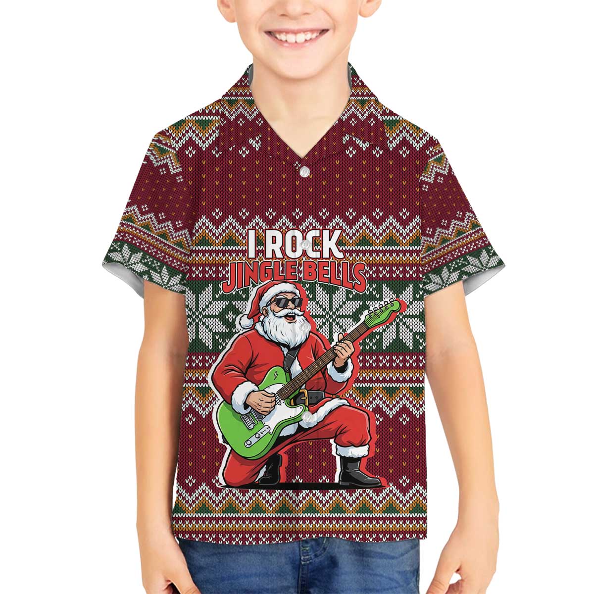 I Rock Jingle Bells Christmas Design Family Matching Off The Shoulder Long Sleeve Dress and Hawaiian Shirt Funny Xmas Holiday Patterns - Wonder Print Shop