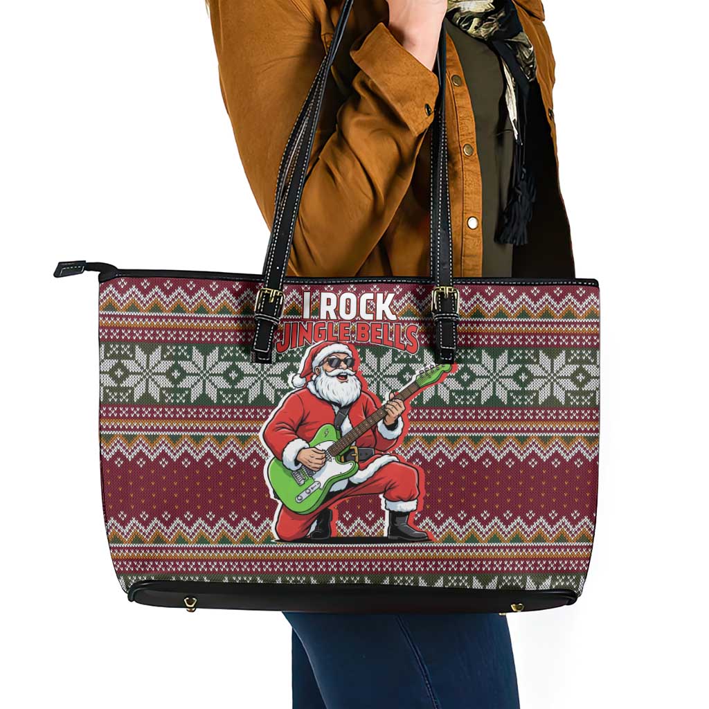 I Rock Jingle Bells Christmas Design Leather Tote Bag Funny Xmas Holiday Patterns - Wonder Print Shop