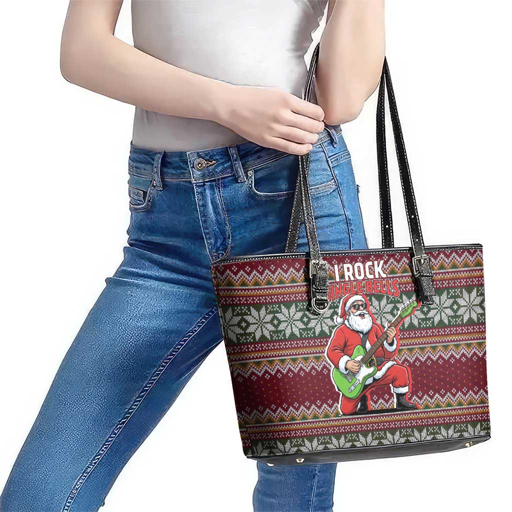 I Rock Jingle Bells Christmas Design Leather Tote Bag Funny Xmas Holiday Patterns - Wonder Print Shop