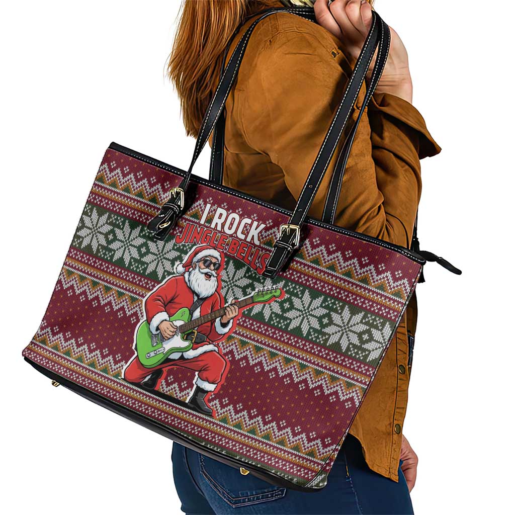 I Rock Jingle Bells Christmas Design Leather Tote Bag Funny Xmas Holiday Patterns - Wonder Print Shop