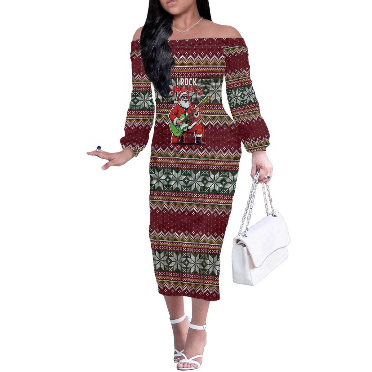 I Rock Jingle Bells Christmas Design Off The Shoulder Long Sleeve Dress Funny Xmas Holiday Patterns - Wonder Print Shop