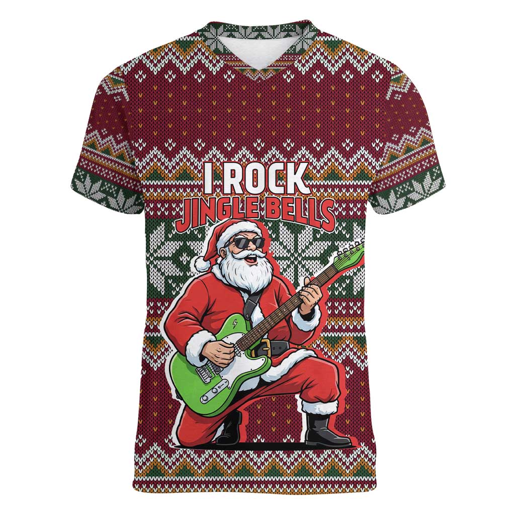 I Rock Jingle Bells Christmas Design Women V-Neck T-Shirt Funny Xmas Holiday Patterns - Wonder Print Shop