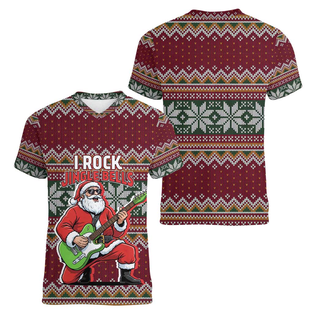 I Rock Jingle Bells Christmas Design Women V-Neck T-Shirt Funny Xmas Holiday Patterns - Wonder Print Shop