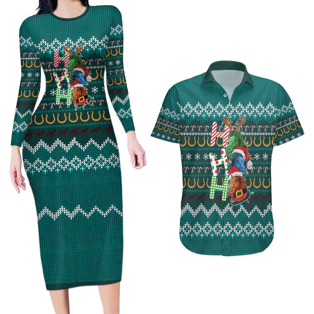 Horse Ho Ho Ho Christmas Design Couples Matching Long Sleeve Bodycon Dress and Hawaiian Shirt Funny Xmas Holiday Patterns - Wonder Print Shop
