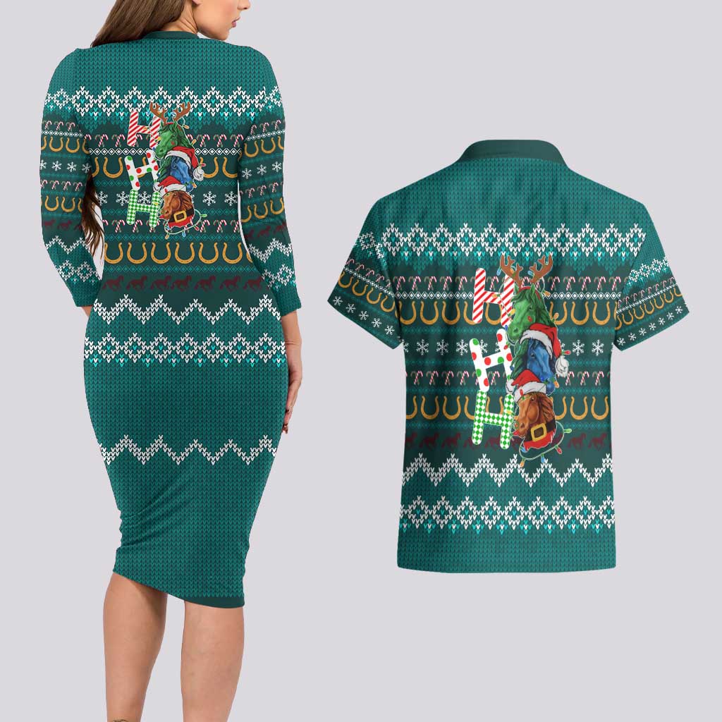 Horse Ho Ho Ho Christmas Design Couples Matching Long Sleeve Bodycon Dress and Hawaiian Shirt Funny Xmas Holiday Patterns - Wonder Print Shop