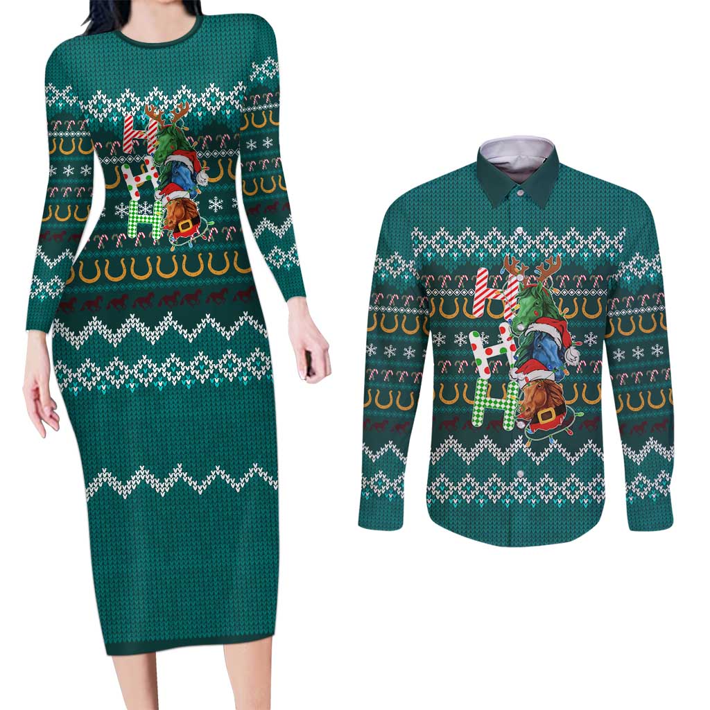 Horse Ho Ho Ho Christmas Design Couples Matching Long Sleeve Bodycon Dress and Long Sleeve Button Shirt Funny Xmas Holiday Patterns - Wonder Print Shop