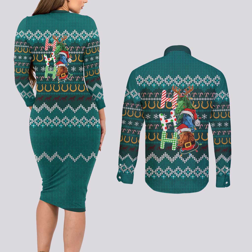 Horse Ho Ho Ho Christmas Design Couples Matching Long Sleeve Bodycon Dress and Long Sleeve Button Shirt Funny Xmas Holiday Patterns - Wonder Print Shop