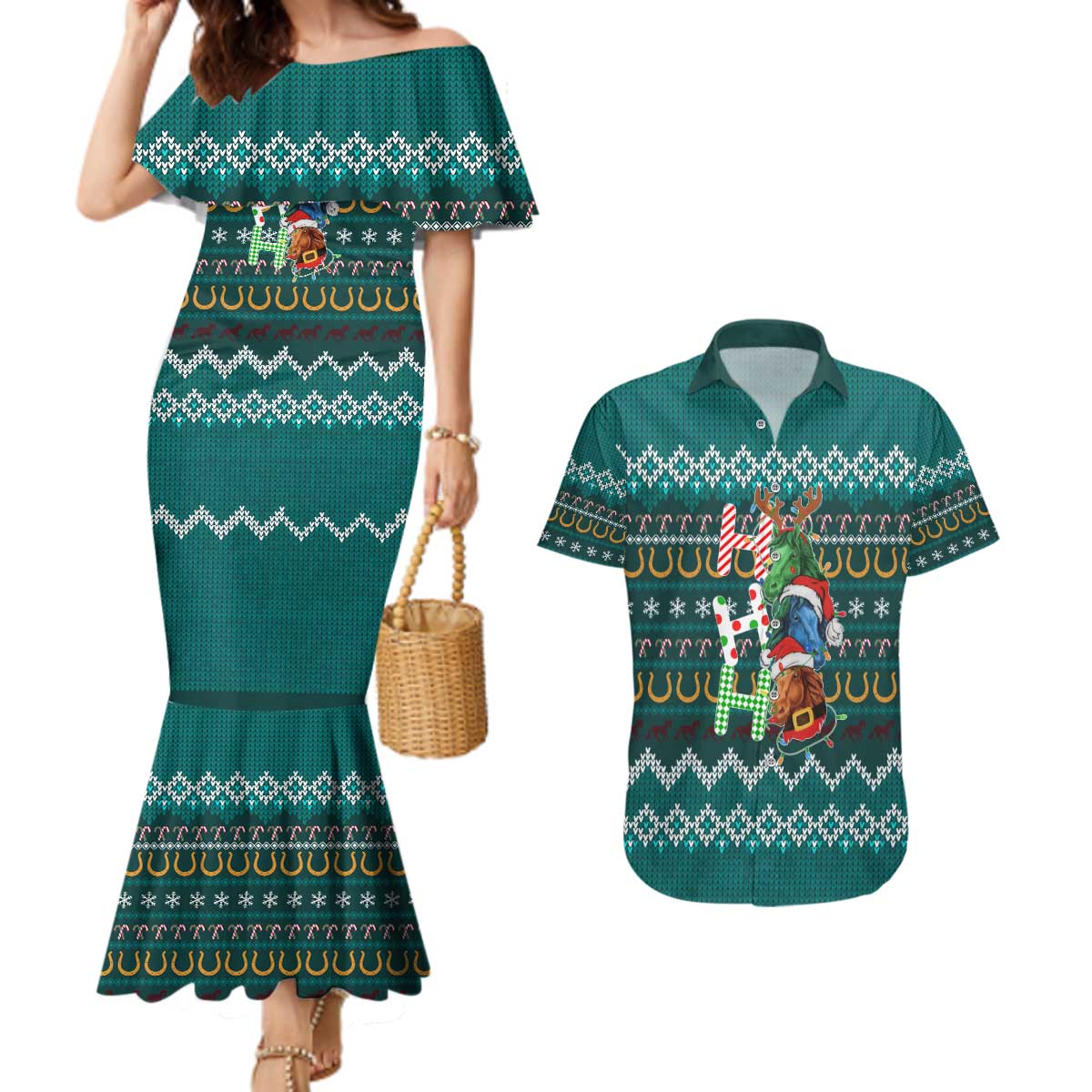 Horse Ho Ho Ho Christmas Design Couples Matching Mermaid Dress and Hawaiian Shirt Funny Xmas Holiday Patterns - Wonder Print Shop
