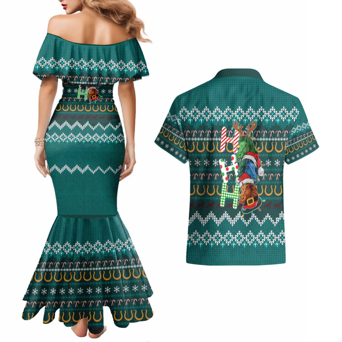 Horse Ho Ho Ho Christmas Design Couples Matching Mermaid Dress and Hawaiian Shirt Funny Xmas Holiday Patterns - Wonder Print Shop