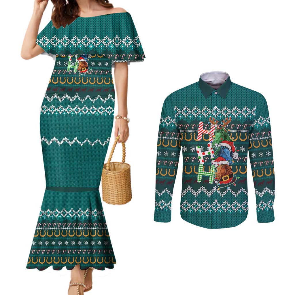 Horse Ho Ho Ho Christmas Design Couples Matching Mermaid Dress and Long Sleeve Button Shirt Funny Xmas Holiday Patterns - Wonder Print Shop
