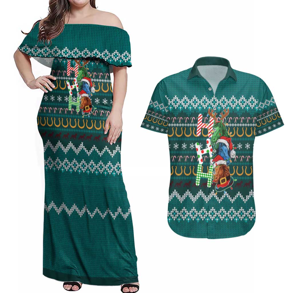Horse Ho Ho Ho Christmas Design Couples Matching Off Shoulder Maxi Dress and Hawaiian Shirt Funny Xmas Holiday Patterns - Wonder Print Shop