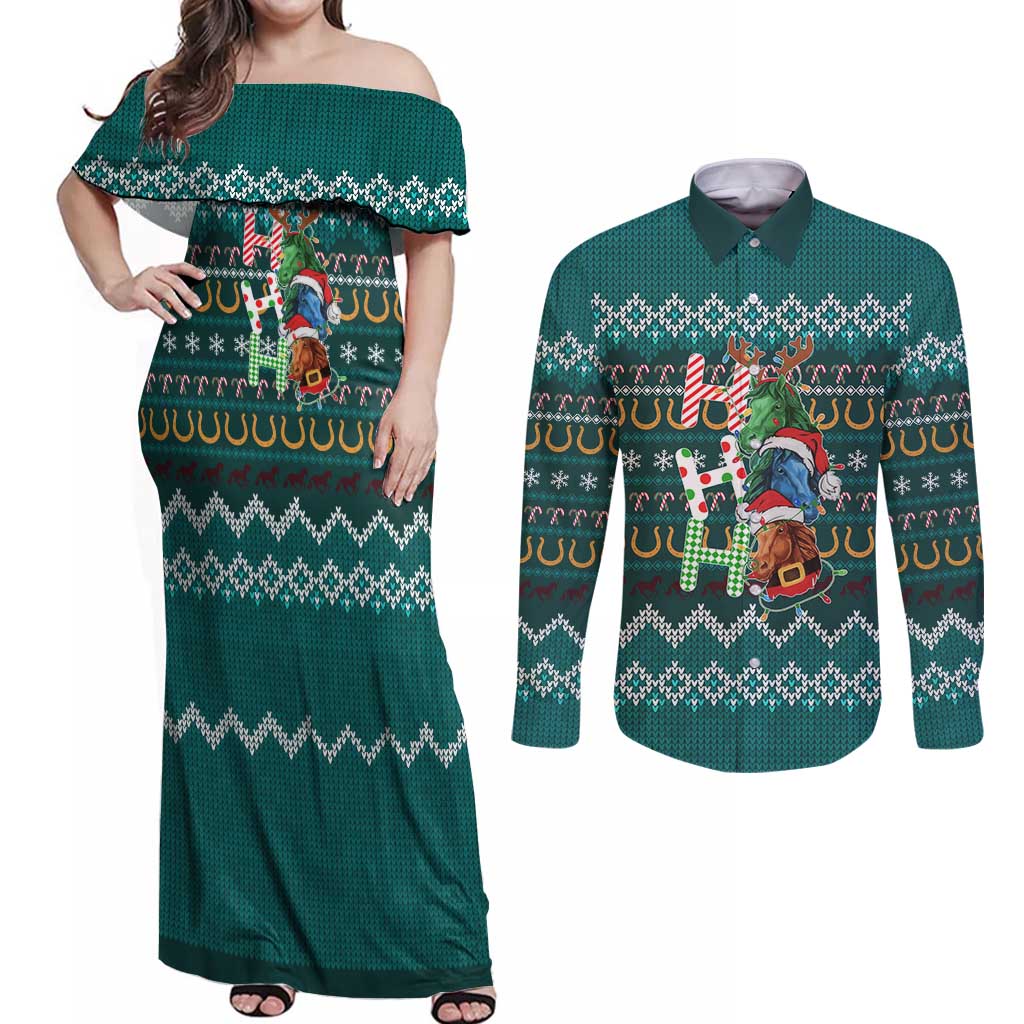Horse Ho Ho Ho Christmas Design Couples Matching Off Shoulder Maxi Dress and Long Sleeve Button Shirt Funny Xmas Holiday Patterns - Wonder Print Shop