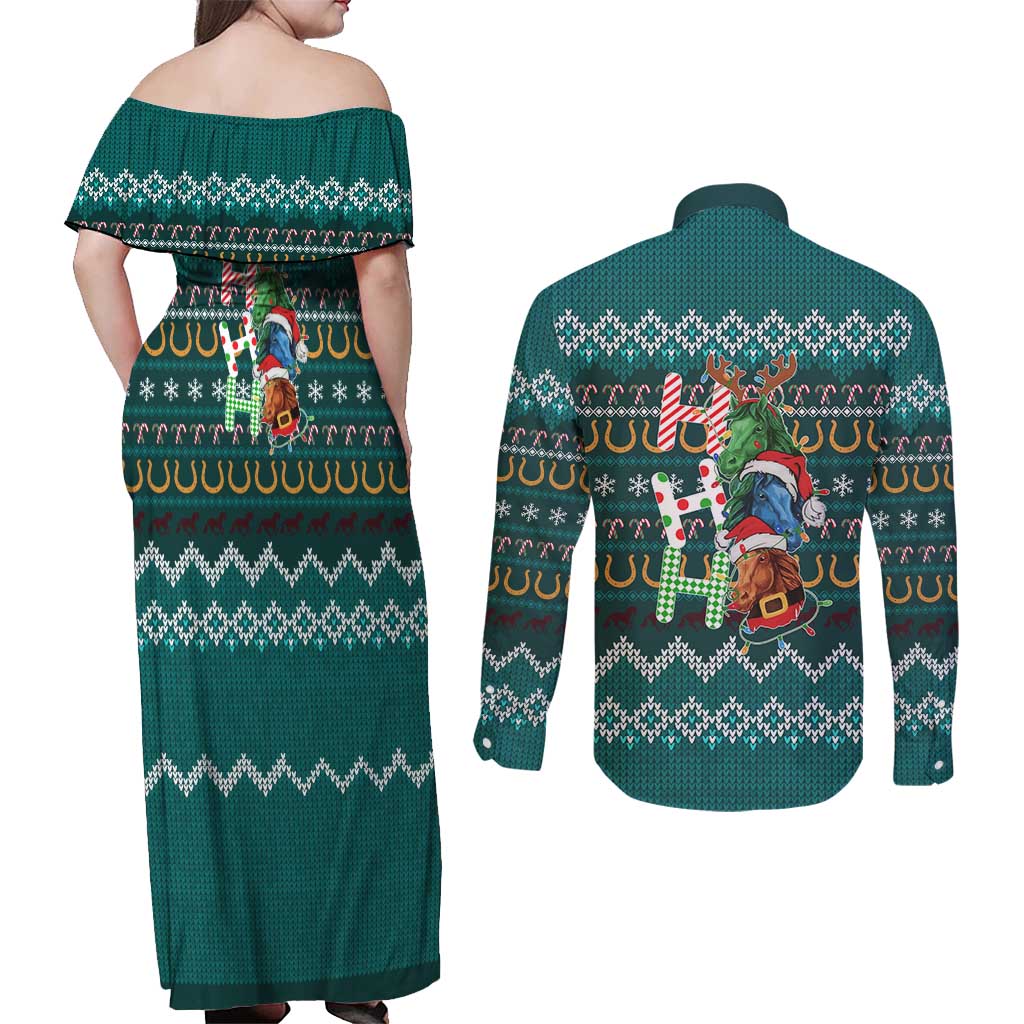 Horse Ho Ho Ho Christmas Design Couples Matching Off Shoulder Maxi Dress and Long Sleeve Button Shirt Funny Xmas Holiday Patterns - Wonder Print Shop