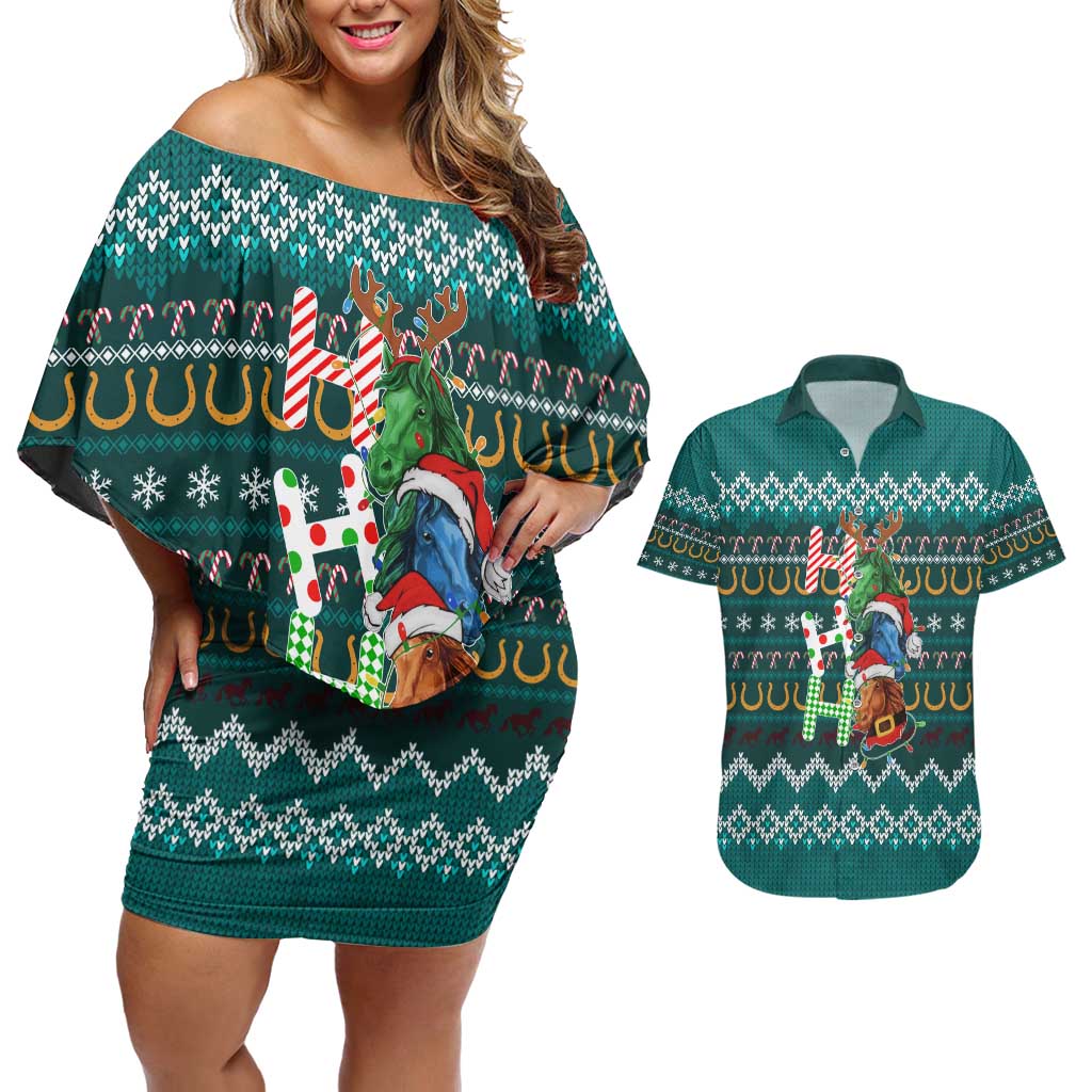 Horse Ho Ho Ho Christmas Design Couples Matching Off Shoulder Short Dress and Hawaiian Shirt Funny Xmas Holiday Patterns - Wonder Print Shop