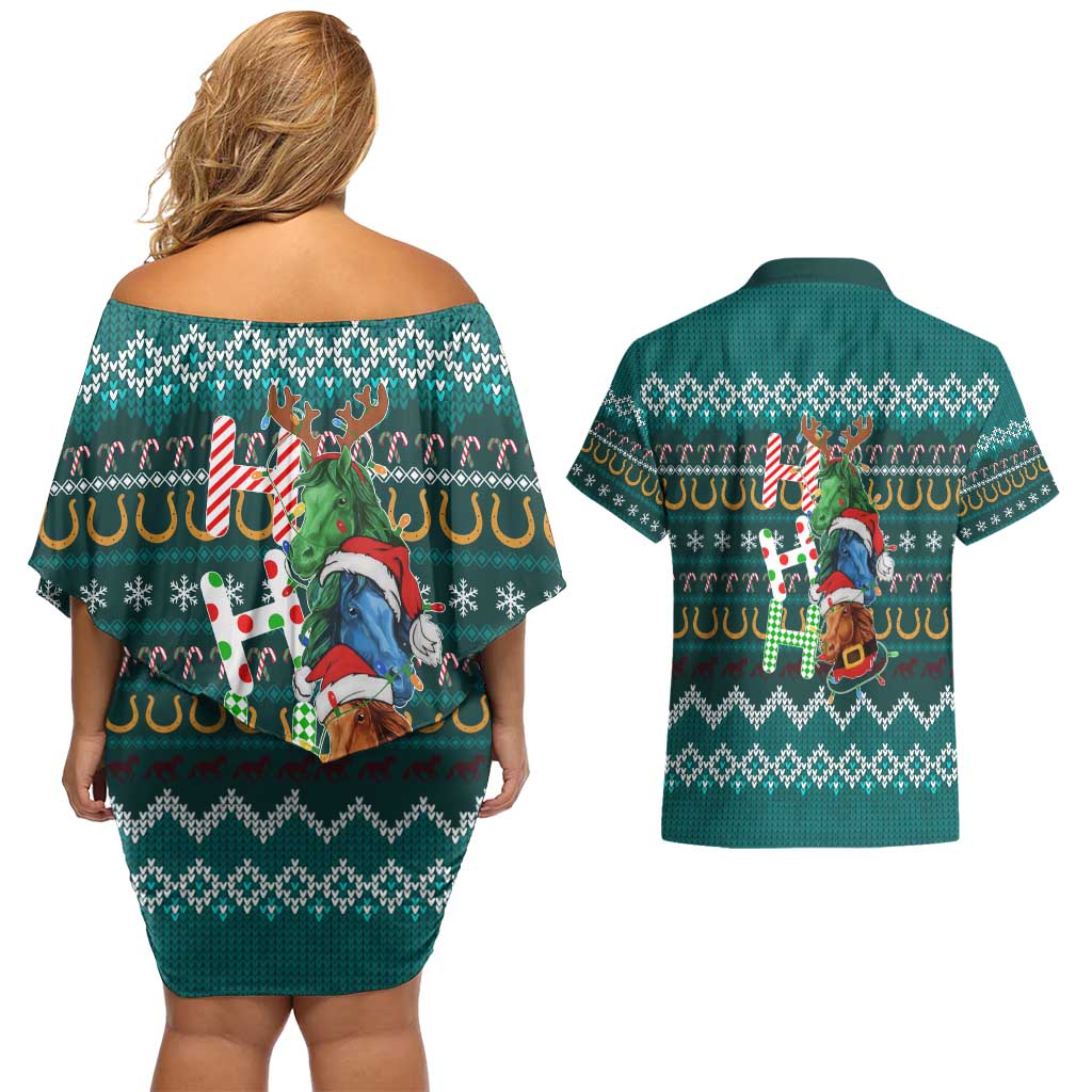 Horse Ho Ho Ho Christmas Design Couples Matching Off Shoulder Short Dress and Hawaiian Shirt Funny Xmas Holiday Patterns - Wonder Print Shop