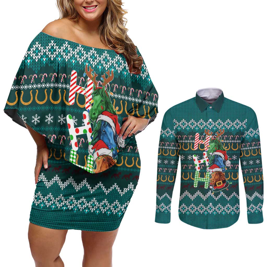 Horse Ho Ho Ho Christmas Design Couples Matching Off Shoulder Short Dress and Long Sleeve Button Shirt Funny Xmas Holiday Patterns - Wonder Print Shop