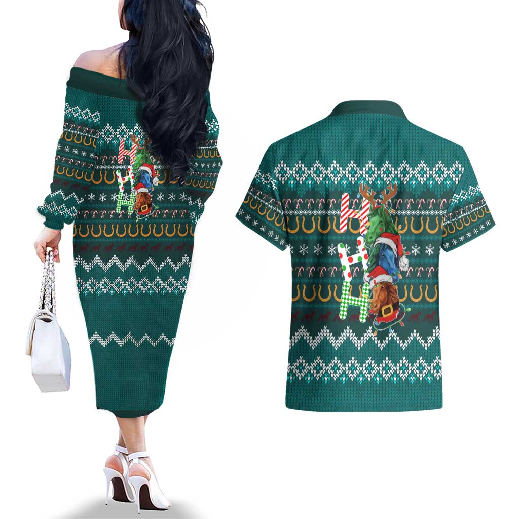 Horse Ho Ho Ho Christmas Design Couples Matching Off The Shoulder Long Sleeve Dress and Hawaiian Shirt Funny Xmas Holiday Patterns - Wonder Print Shop