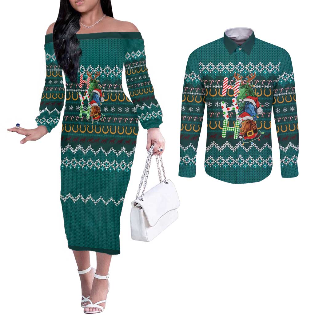 Horse Ho Ho Ho Christmas Design Couples Matching Off The Shoulder Long Sleeve Dress and Long Sleeve Button Shirt Funny Xmas Holiday Patterns - Wonder Print Shop