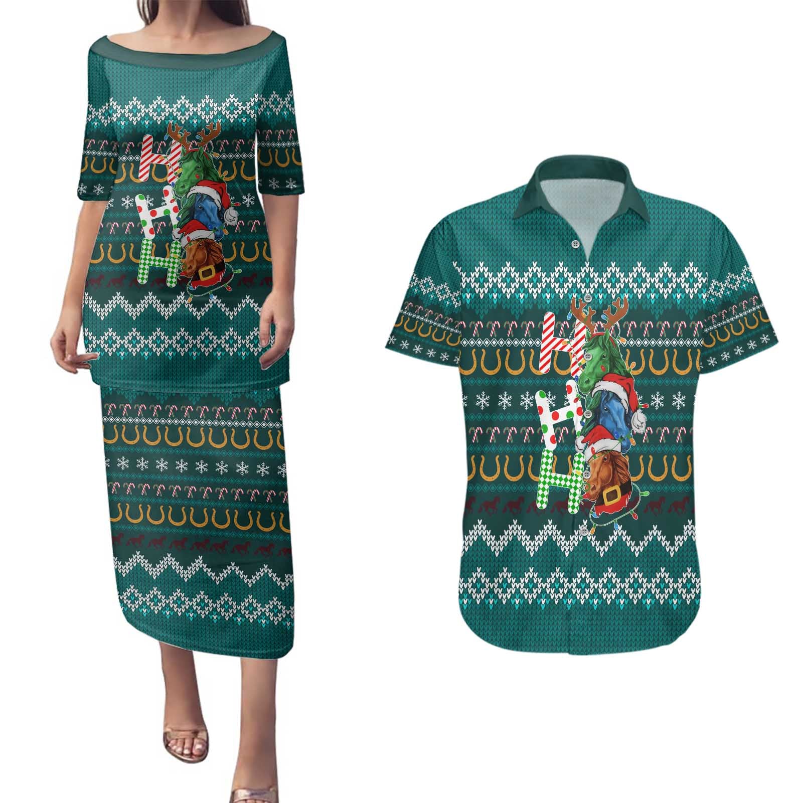 Horse Ho Ho Ho Christmas Design Couples Matching Puletasi and Hawaiian Shirt Funny Xmas Holiday Patterns - Wonder Print Shop