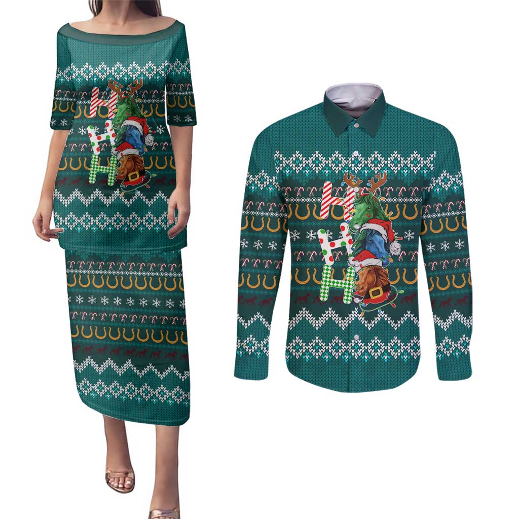 Horse Ho Ho Ho Christmas Design Couples Matching Puletasi and Long Sleeve Button Shirt Funny Xmas Holiday Patterns - Wonder Print Shop