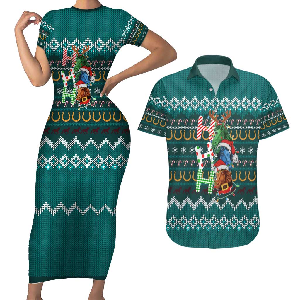 Horse Ho Ho Ho Christmas Design Couples Matching Short Sleeve Bodycon Dress and Hawaiian Shirt Funny Xmas Holiday Patterns - Wonder Print Shop