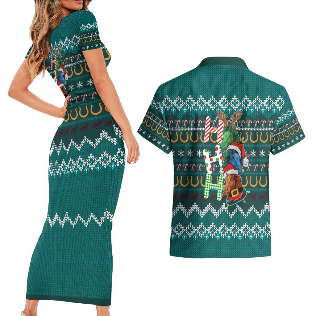 Horse Ho Ho Ho Christmas Design Couples Matching Short Sleeve Bodycon Dress and Hawaiian Shirt Funny Xmas Holiday Patterns - Wonder Print Shop