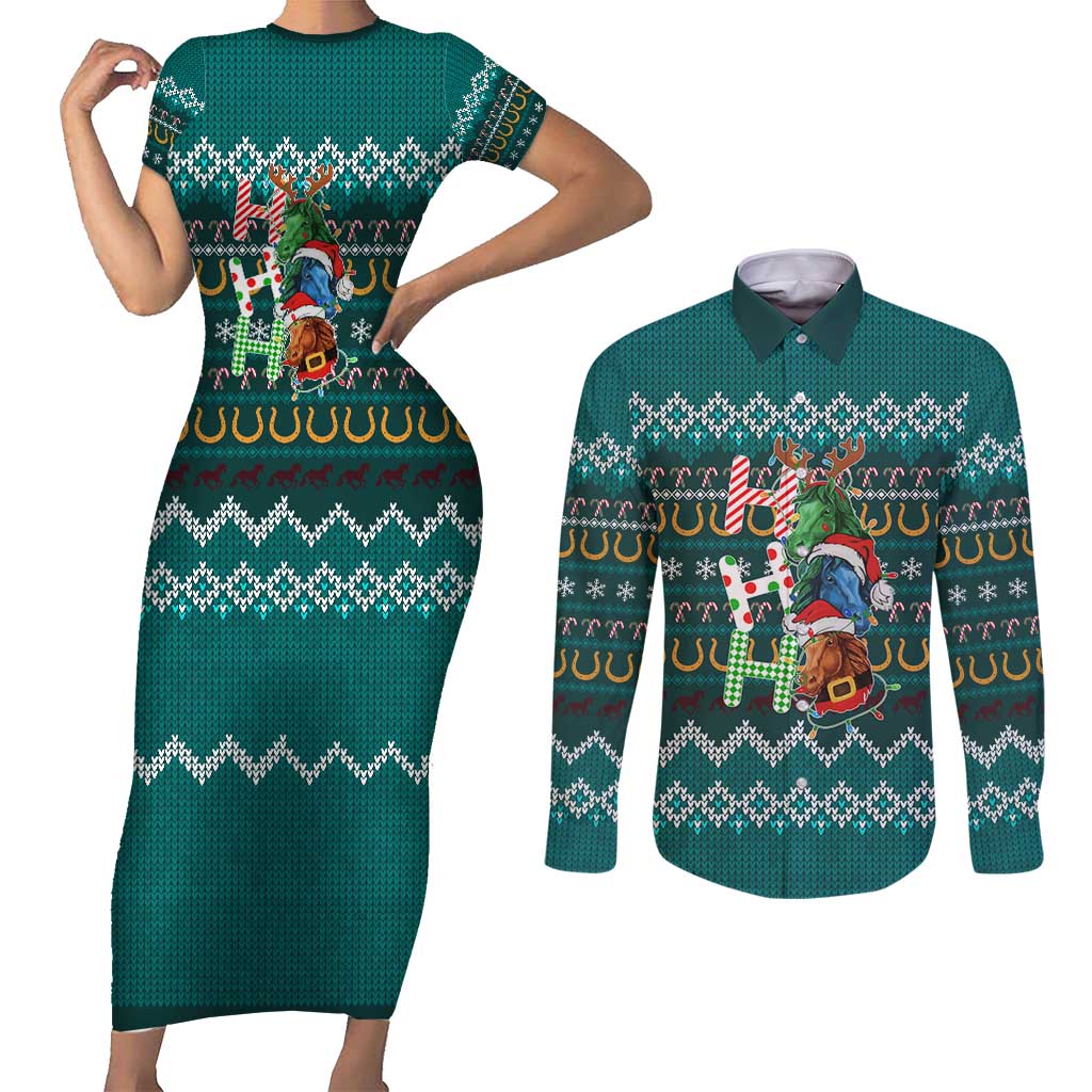 Horse Ho Ho Ho Christmas Design Couples Matching Short Sleeve Bodycon Dress and Long Sleeve Button Shirt Funny Xmas Holiday Patterns - Wonder Print Shop