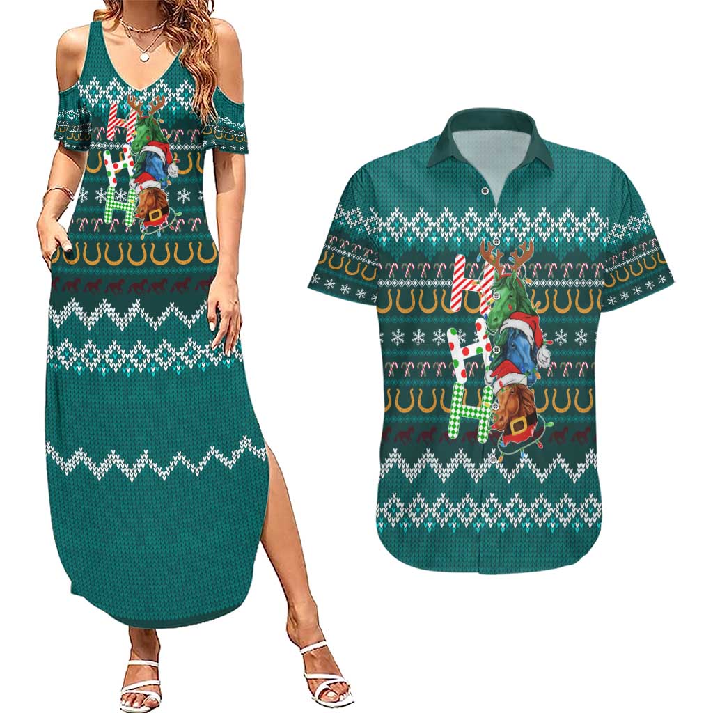 Horse Ho Ho Ho Christmas Design Couples Matching Summer Maxi Dress and Hawaiian Shirt Funny Xmas Holiday Patterns - Wonder Print Shop