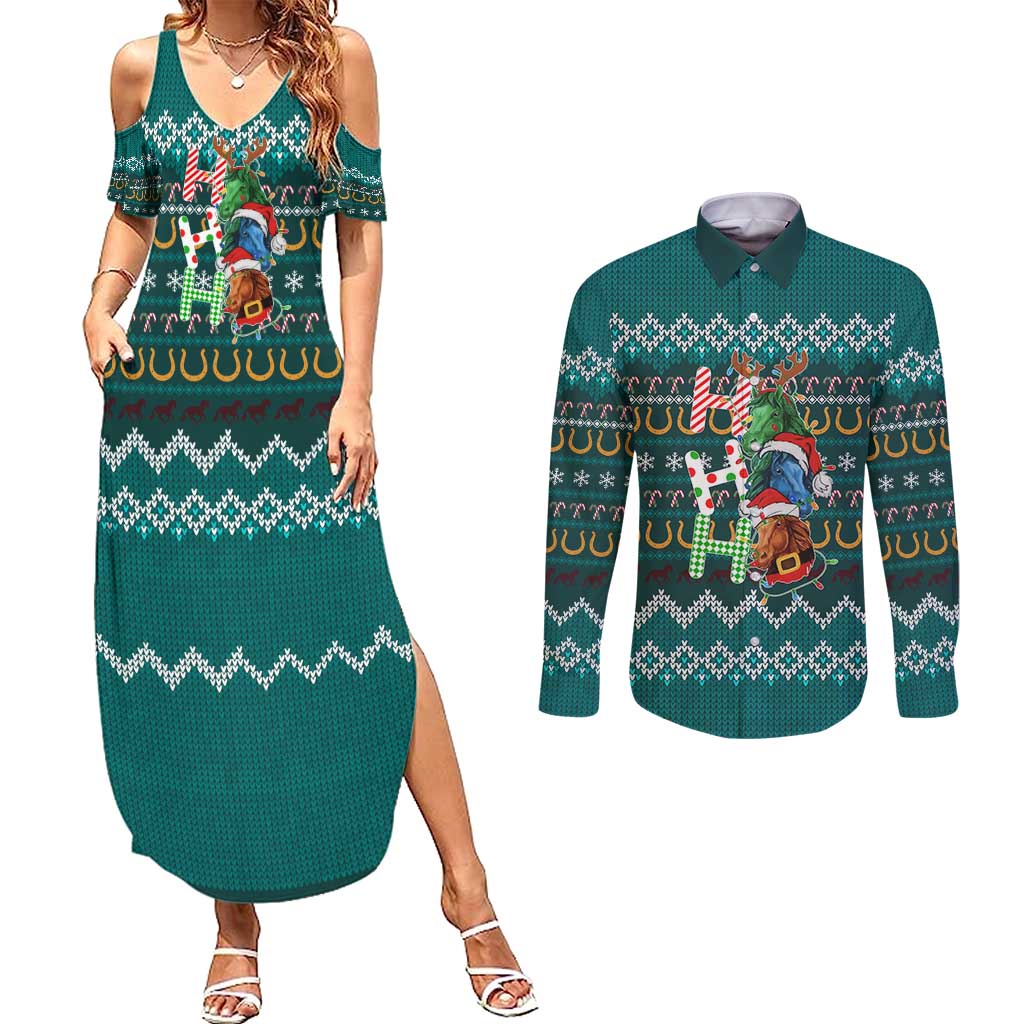 Horse Ho Ho Ho Christmas Design Couples Matching Summer Maxi Dress and Long Sleeve Button Shirt Funny Xmas Holiday Patterns - Wonder Print Shop