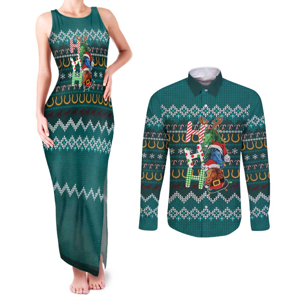 Horse Ho Ho Ho Christmas Design Couples Matching Tank Maxi Dress and Long Sleeve Button Shirt Funny Xmas Holiday Patterns - Wonder Print Shop
