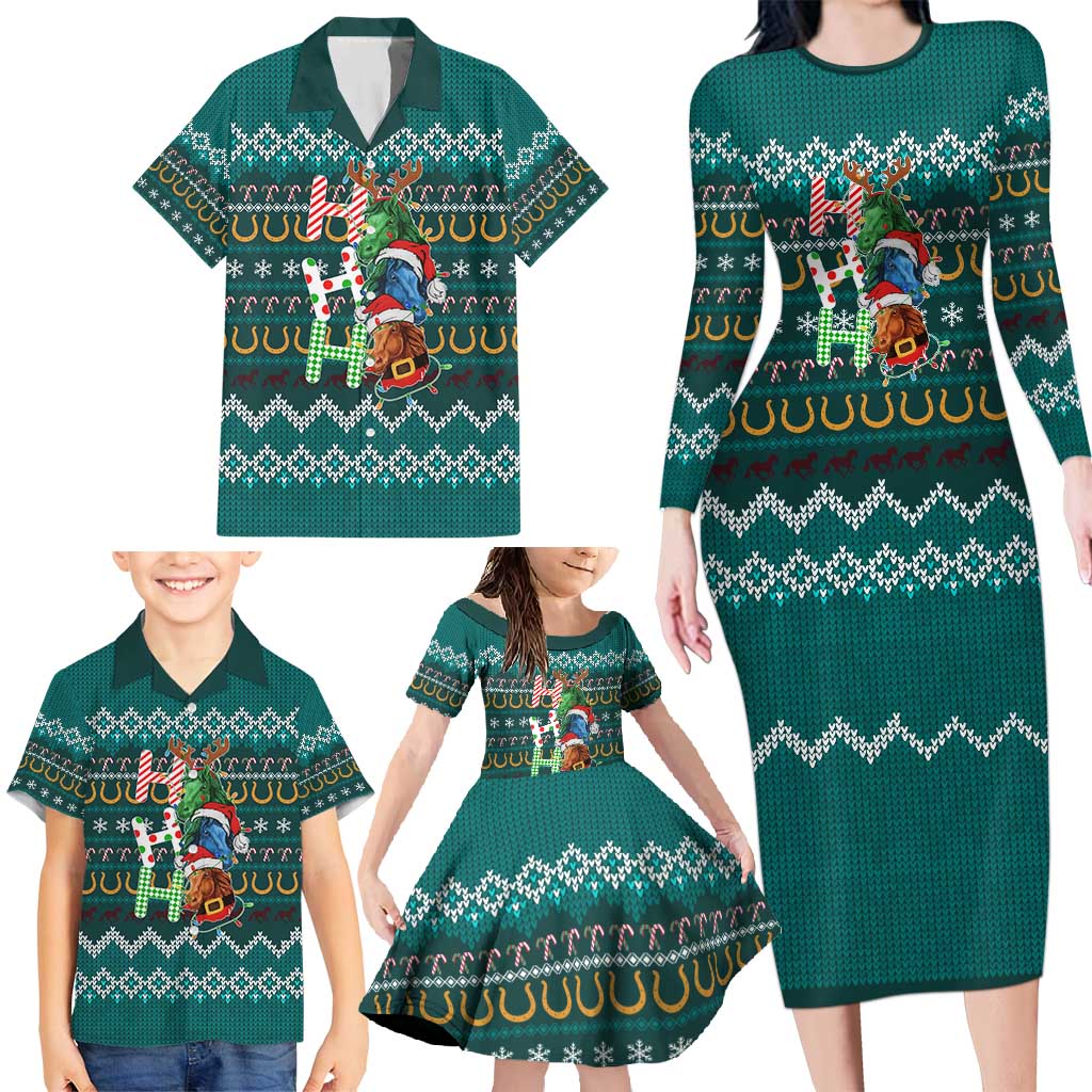 Horse Ho Ho Ho Christmas Design Family Matching Long Sleeve Bodycon Dress and Hawaiian Shirt Funny Xmas Holiday Patterns - Wonder Print Shop
