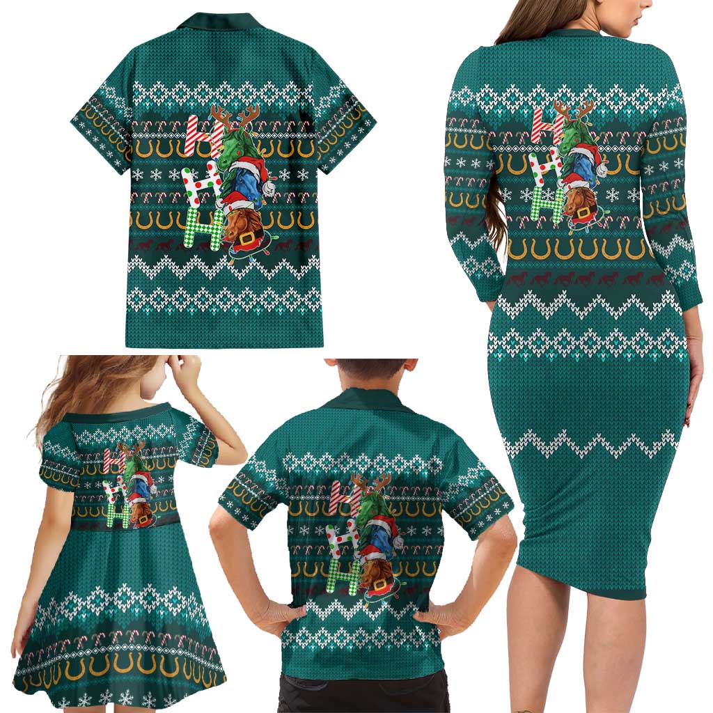 Horse Ho Ho Ho Christmas Design Family Matching Long Sleeve Bodycon Dress and Hawaiian Shirt Funny Xmas Holiday Patterns - Wonder Print Shop