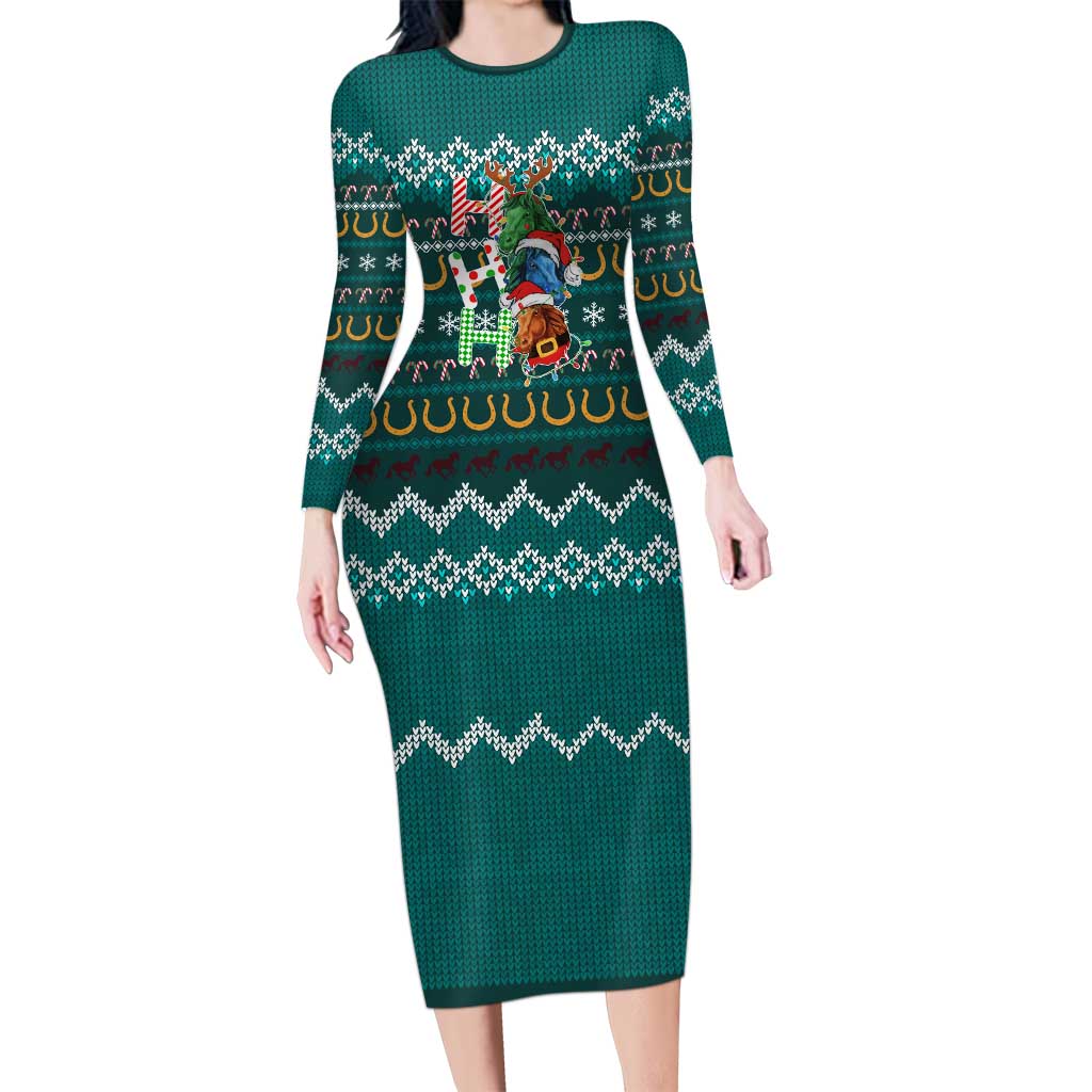 Horse Ho Ho Ho Christmas Design Family Matching Long Sleeve Bodycon Dress and Hawaiian Shirt Funny Xmas Holiday Patterns - Wonder Print Shop