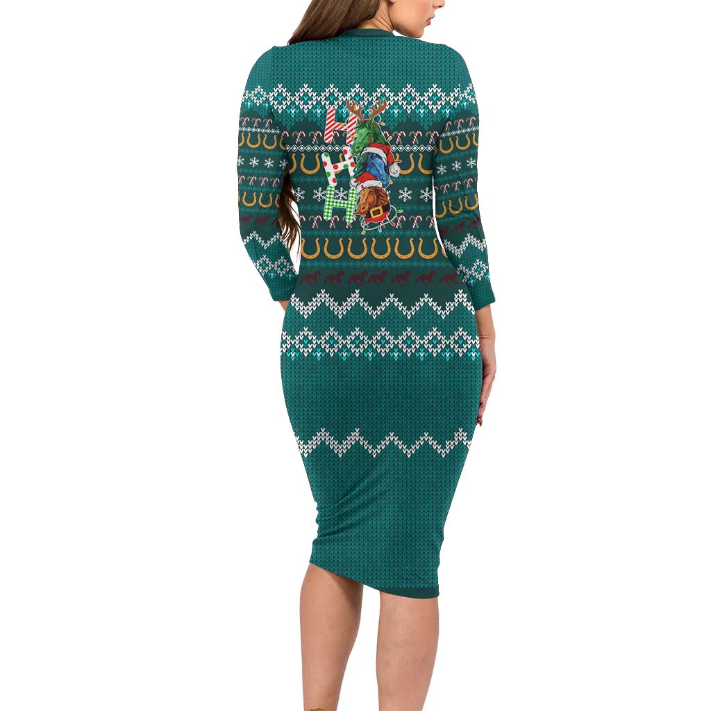Horse Ho Ho Ho Christmas Design Family Matching Long Sleeve Bodycon Dress and Hawaiian Shirt Funny Xmas Holiday Patterns - Wonder Print Shop