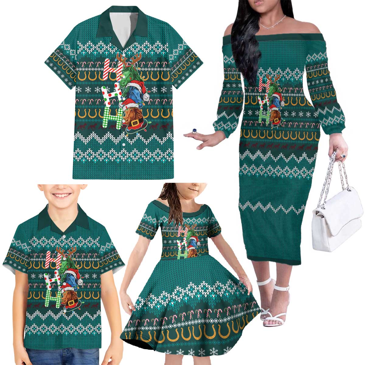 Horse Ho Ho Ho Christmas Design Family Matching Off The Shoulder Long Sleeve Dress and Hawaiian Shirt Funny Xmas Holiday Patterns - Wonder Print Shop