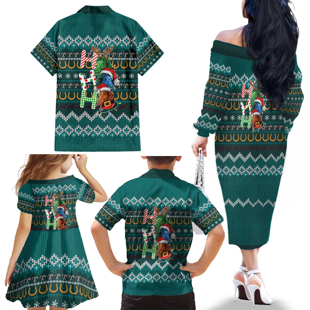 Horse Ho Ho Ho Christmas Design Family Matching Off The Shoulder Long Sleeve Dress and Hawaiian Shirt Funny Xmas Holiday Patterns - Wonder Print Shop