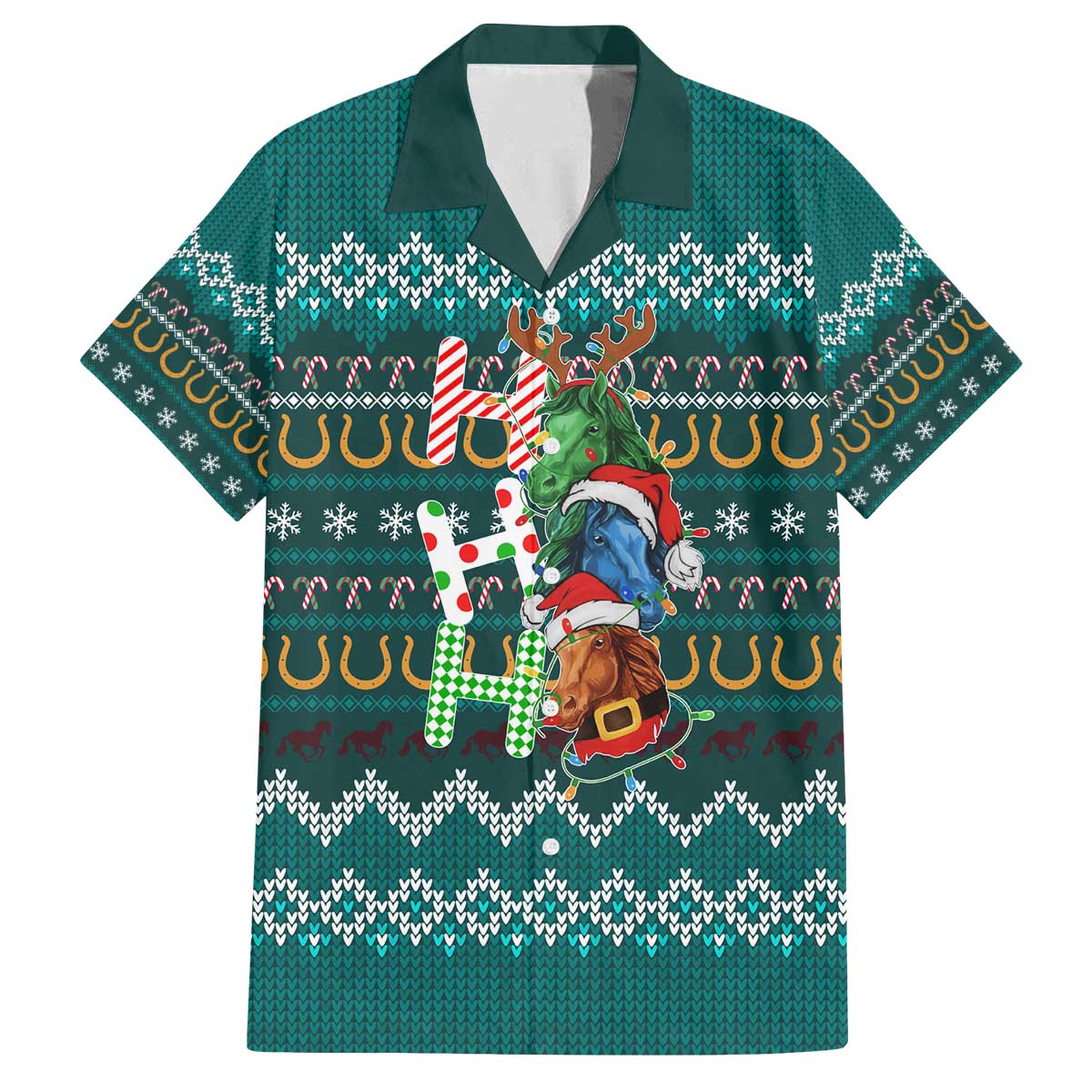 Horse Ho Ho Ho Christmas Design Family Matching Off The Shoulder Long Sleeve Dress and Hawaiian Shirt Funny Xmas Holiday Patterns - Wonder Print Shop