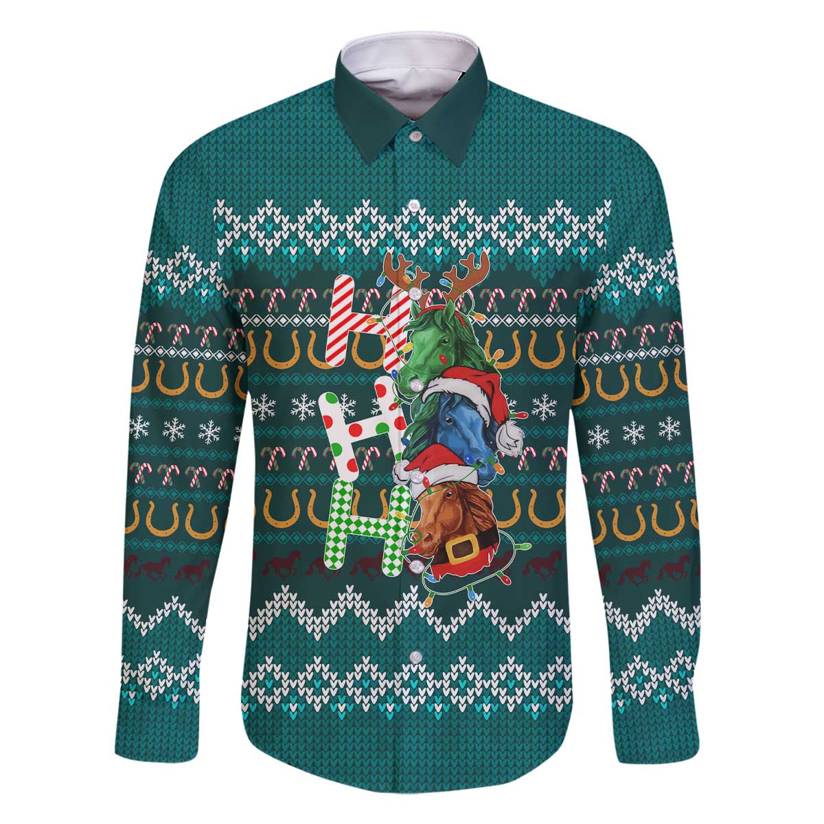 Horse Ho Ho Ho Christmas Design Family Matching Off The Shoulder Long Sleeve Dress and Hawaiian Shirt Funny Xmas Holiday Patterns - Wonder Print Shop