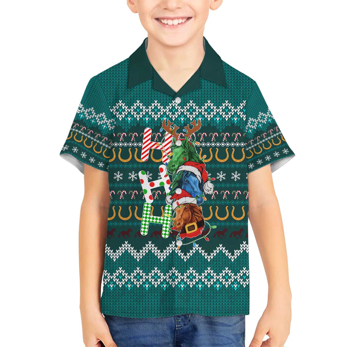 Horse Ho Ho Ho Christmas Design Family Matching Off The Shoulder Long Sleeve Dress and Hawaiian Shirt Funny Xmas Holiday Patterns - Wonder Print Shop